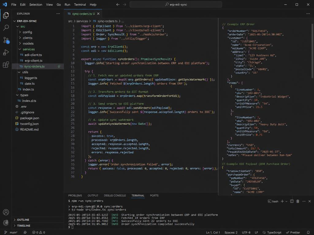 Code de synchronisation API entre un ERP et une plateforme de données