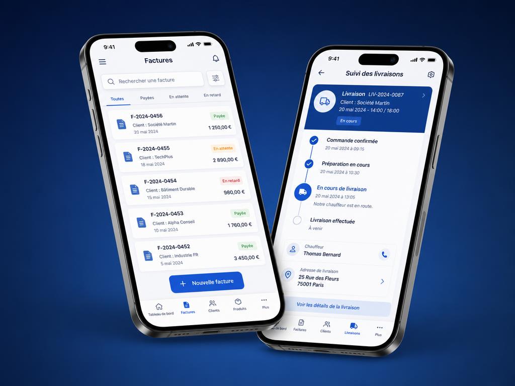 Applications mobiles affichant des indicateurs de performance et de suivi terrain